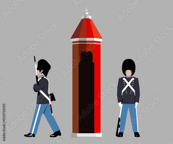 Fototapeta Denmark Royal Guards standing near Sentry Box. Amalienborg Palace, Copenhagen, Denmak