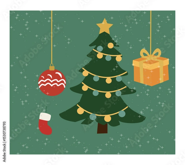 Obraz Whimsical Merry Christmas Illustration with Decorated Tree and Snowflakes-06