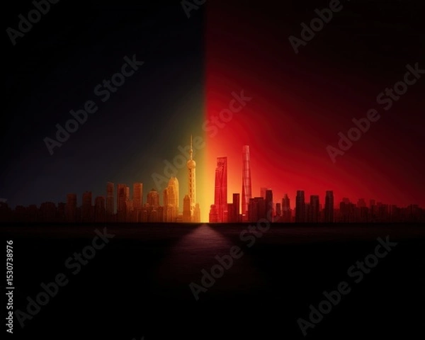 Obraz Split city skyline representing two systems of power, USA China conflict