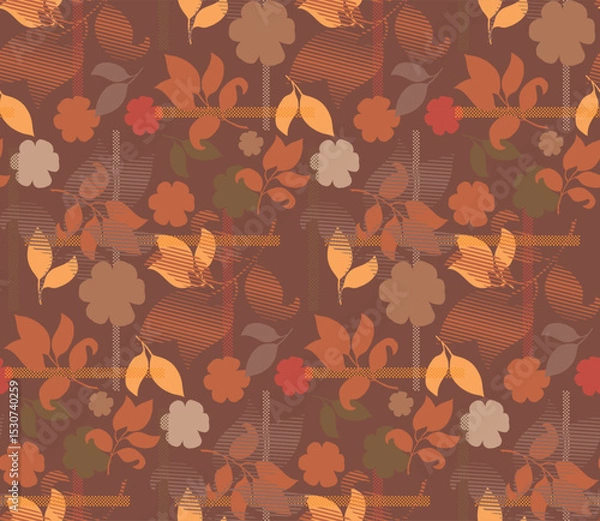 Fototapeta Botanical seamless pattern with geometric shapes mixed with brush strokes texture. Exotic branches and leaves. Floral background made of herbal petals and leaves for fashion, textile and fabric.