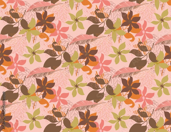 Fototapeta Modern exotic jungle fruits and plants illustration in vector.Abstract and artistic leaves on background. Seamless. Vector pattern.
