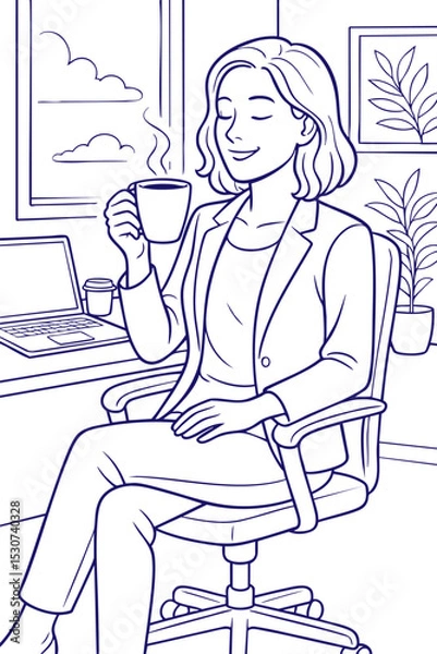 Obraz Businesswoman relaxing with coffee in office line art illustration