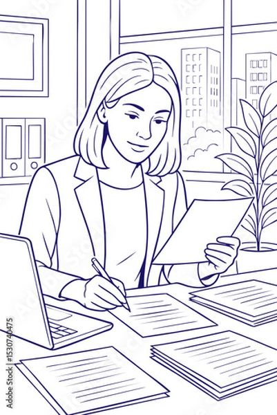 Obraz Businesswoman reviewing documents at desk line art illustration
