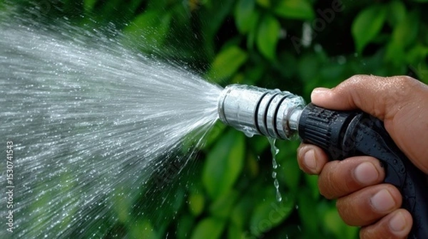 Fototapeta Watering plants with a garden hose in a lush green backyard during bright daylight