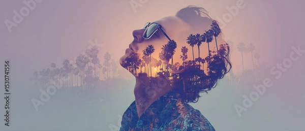 Fototapeta double exposure aesthetic design with carefree holiday maker profile and tropical paradise scenery; concept of summer travel