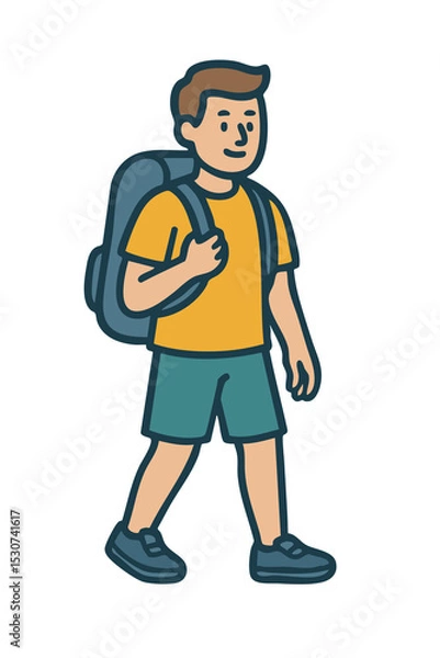 Obraz Vector illustration of a male tourist with a backpack, symbolizing exploration and hiking.

