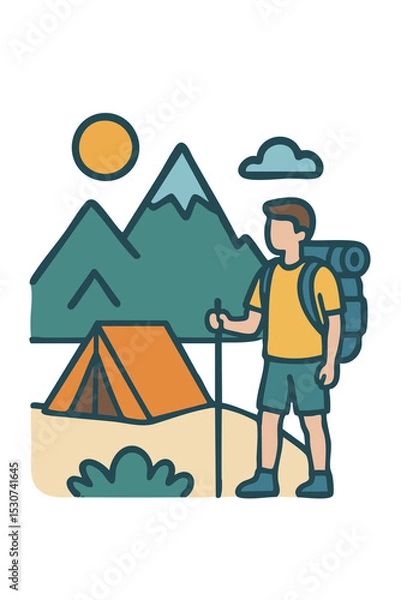 Obraz Vector illustration of a man camping in the mountains, symbolizing adventure and outdoor lifestyle.