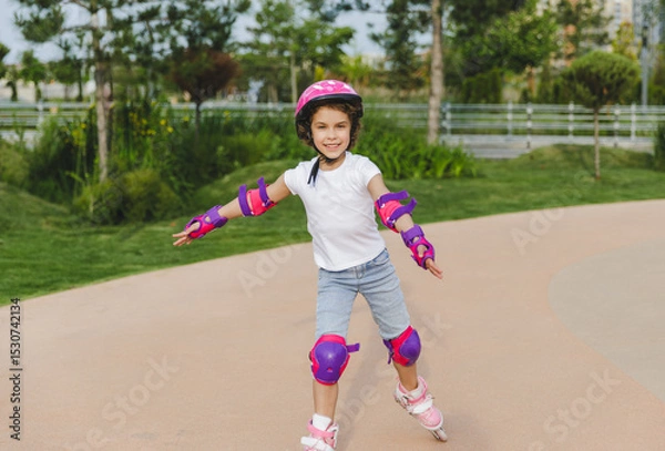 Obraz A little curly-haired girl rollerskates within the necessary facilities in the city. In a helmet and armbands