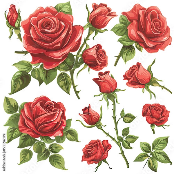 Fototapeta A Set Of Red Roses In Vector. Perfect For Valentine’S Day Cards, Wedding Invitations, Wallpapers, And Decorative Design Elements.