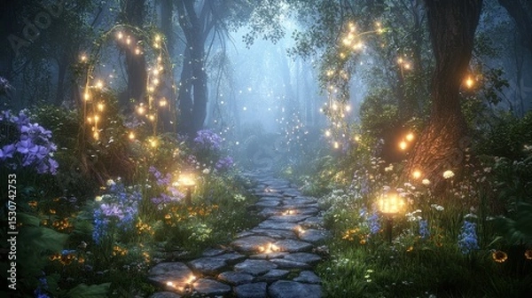 Obraz Magical forest path with glowing lights