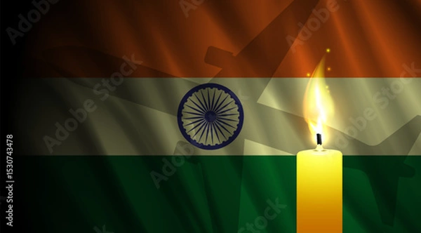 Fototapeta Vector darkened wavy flag of India. Funeral burning wax bright candle. Plane shadow. Airplane crash