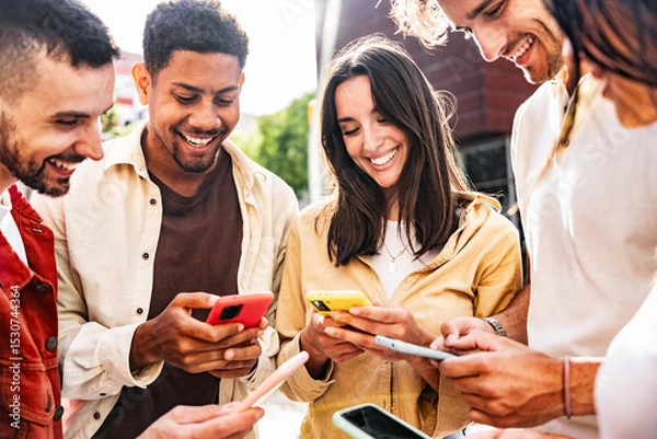 Fototapeta Happy young people having fun watching smart mobile phone device - Technology life style concept