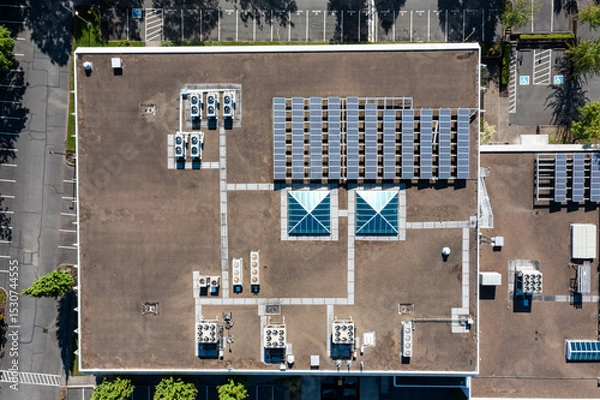Obraz Aerial drone picture of a modern commercial building in Cedar Mill, Portland, OR, showcasing rooftop solar panels, HVAC units and large empty parking lot, promoting clean energy and sustainability	
