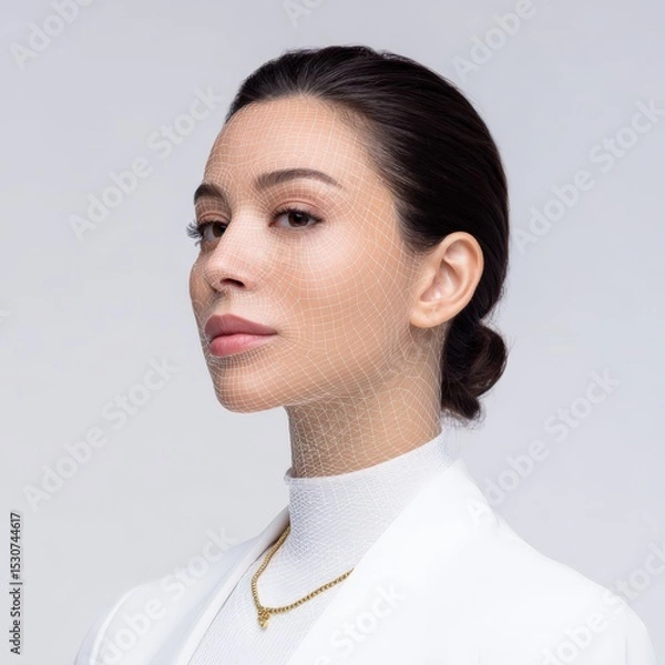 Fototapeta Woman poses with 3D face tracking grid overlay. Future technology, ai, facial recognition, augmented reality.