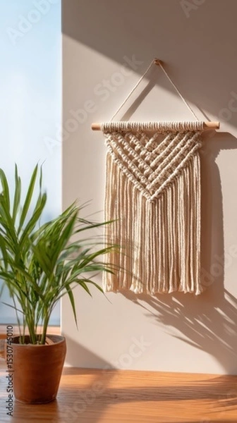 Fototapeta Plant and macrame wall art sit on a wooden shelf. Home decor, boho style, handmade, craft.