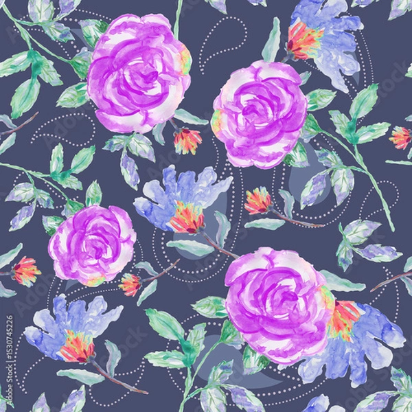 Fototapeta Seamless pattern of watercolor pink roses and yellow spring flowers with paisley dots pattern.