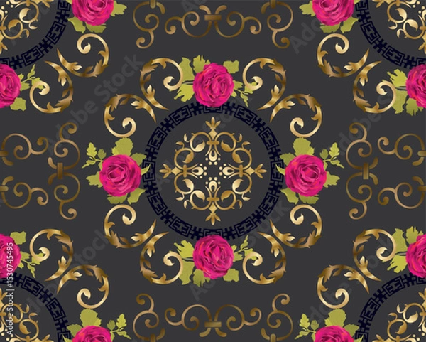 Fototapeta Golden floral seamless pattern. Vintage vector botanical wallpaper. Royal wallpaper seamless pattern. Gold scroll pattern and red flat roses.