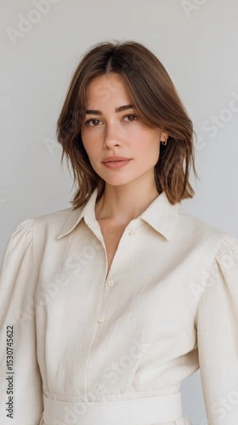 Fototapeta Portrait of a woman looking directly at camera in neutral setting. Natural beauty, real person, calm expression, modern fashion, portrait photography.