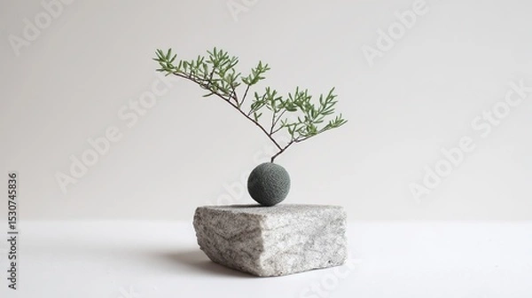 Fototapeta The minimalist white background features a small tree on an elegantly smooth stone pedestal, creating a visual contrast between natural beauty and minimalist design.