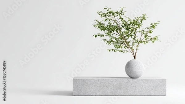 Fototapeta The minimalist white background features a small tree on an elegantly smooth stone pedestal, creating a visual contrast between natural beauty and minimalist design.