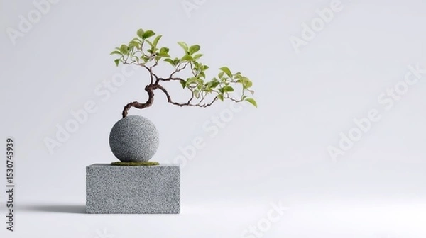 Fototapeta The minimalist white background features a small tree on an elegantly smooth stone pedestal, creating a visual contrast between natural beauty and minimalist design.