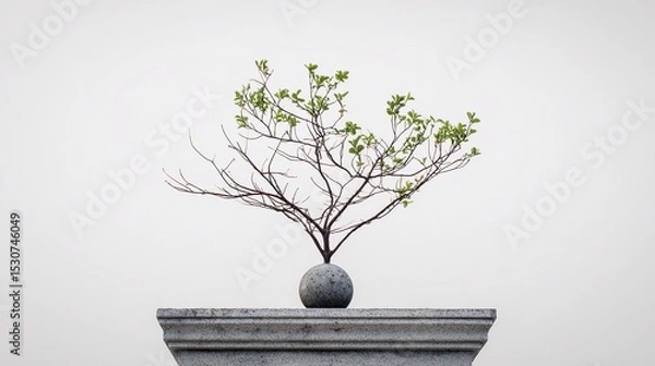 Fototapeta The minimalist white background features a small tree on an elegantly smooth stone pedestal, creating a visual contrast between natural beauty and minimalist design.