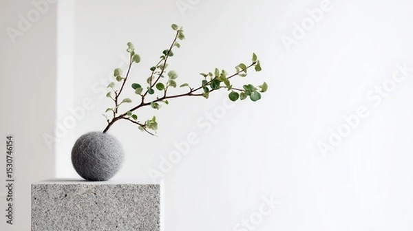 Fototapeta The minimalist white background features a small tree on an elegantly smooth stone pedestal, creating a visual contrast between natural beauty and minimalist design.