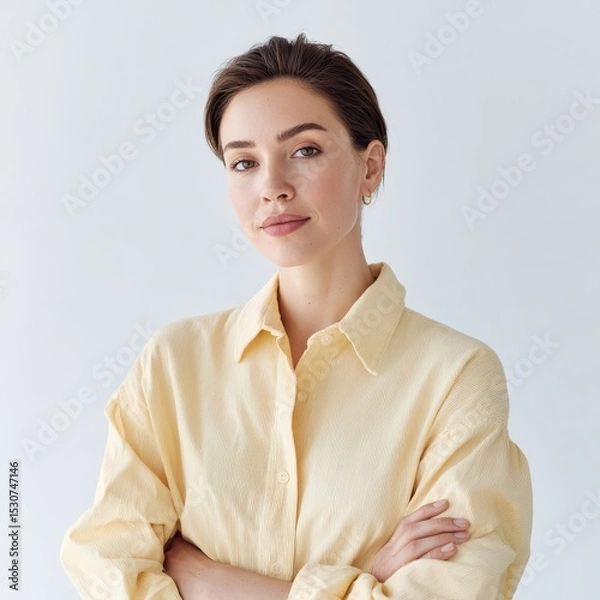 Fototapeta Woman poses confidently with arms crossed against white background. Self-assured and modern style, expressing strength.