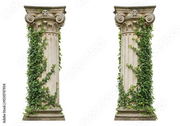 Fototapeta Two ionic columns with ivy vines isolated on transparent background