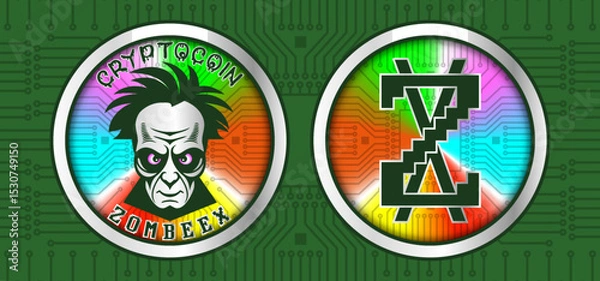 Fototapeta Vector obverse and reverse of fictional crypto coin. Zombeex cryptocurrency. Graphic zombie head. Microcircuit. Chip. Cartoon tokens in gradient rainbow coloring
