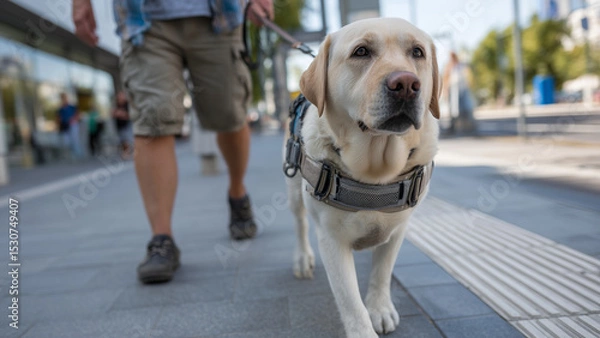 Fototapeta A focused guide dog, wearing a harness, walks beside its visually impaired owner on a city sidewalk. Natural daylight and urban cues emphasize independence, trust, and the human-animal bond.