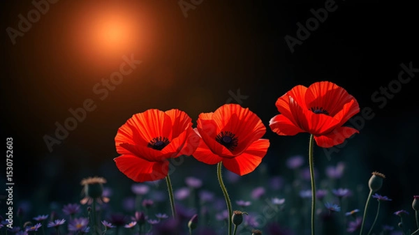 Fototapeta Three vibrant red poppies backlit by warm sunset light