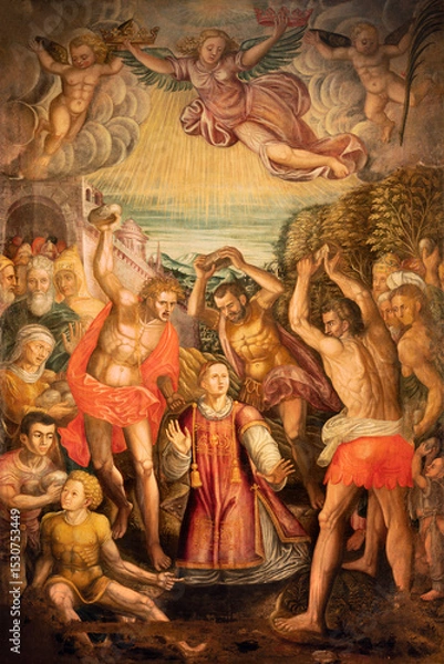 Fototapeta Pavia - The painting of Martirdom of St. Stephen in the Cathedral by unknown artist of 16. cent..