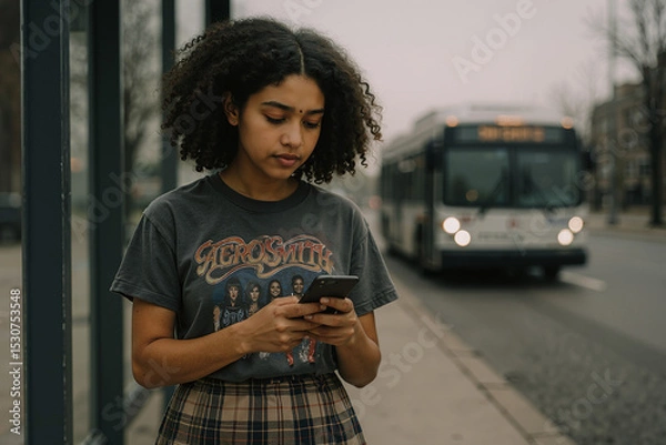 Obraz young woman using smartphone while waiting for bus on urban street in foggy weather, showcasing modern lifestyle and technology use