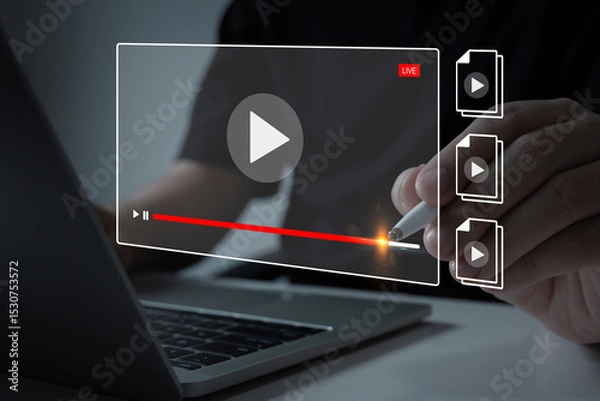 Fototapeta Interactive e-learning with video player interface on laptop computer, showing concept of distance education, online study, virtual classroom, digital learning tools for students or professionals