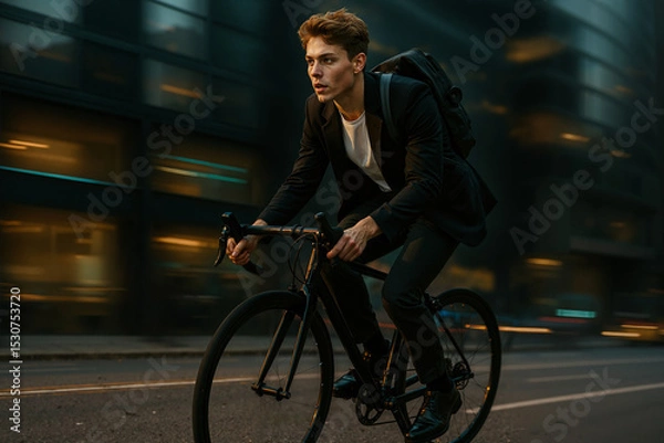 Obraz young man in stylish suit riding bicycle through urban streets with motion blur, showcasing modern commuting and city lifestyle