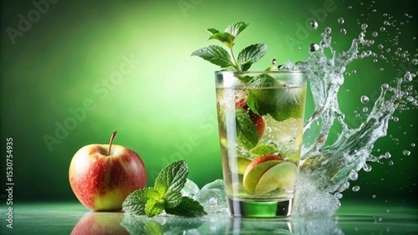 Obraz Refreshing Apple Mint Drink with Splashing Water in a Glass