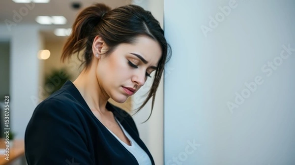 Fototapeta A young woman, a manager in a business center, stands in her office tired and rests her head against the white wall from burnout.