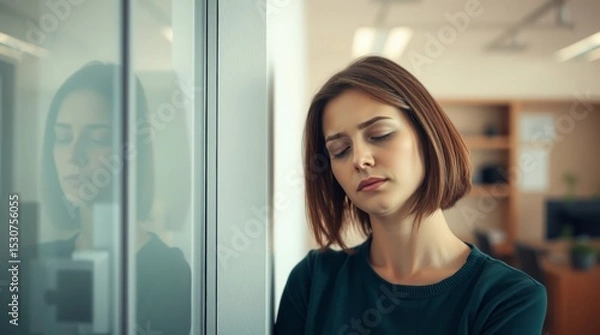 Fototapeta A tired young employee of a business center, closing her eyes from constant problems at work and in business, stands in the office. A woman with a short haircut and in a sweater