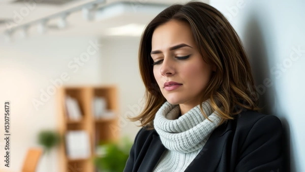 Fototapeta A tired young employee of a business center, closing her eyes to constant problems at work and overtime