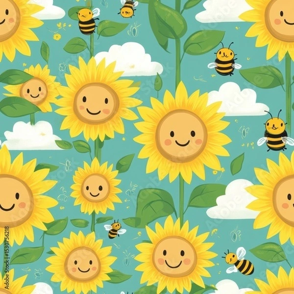 Fototapeta Chubby sunflowers with happy faces, surrounded by bees and clouds, arranged in a playful farm garden scene