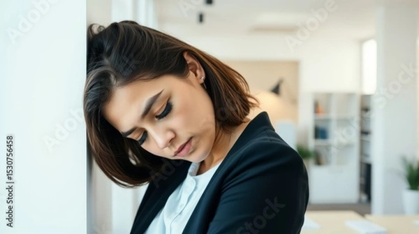Fototapeta A tired business woman leaned against the wall of an office in a business center because of problems at work