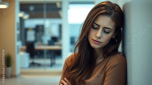 Fototapeta Young woman in brown sweater standing alone tired at work in empty office during weekend