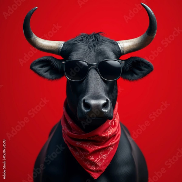 Obraz black bull with horns and sunglasses