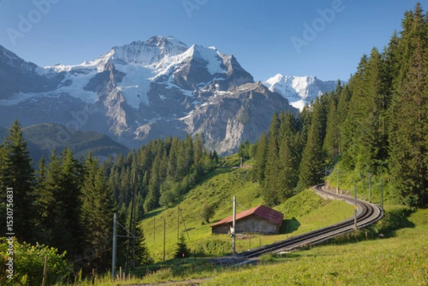 Fototapeta The Jungfrau paek in Bernese alps with the railway over the alps meadows.