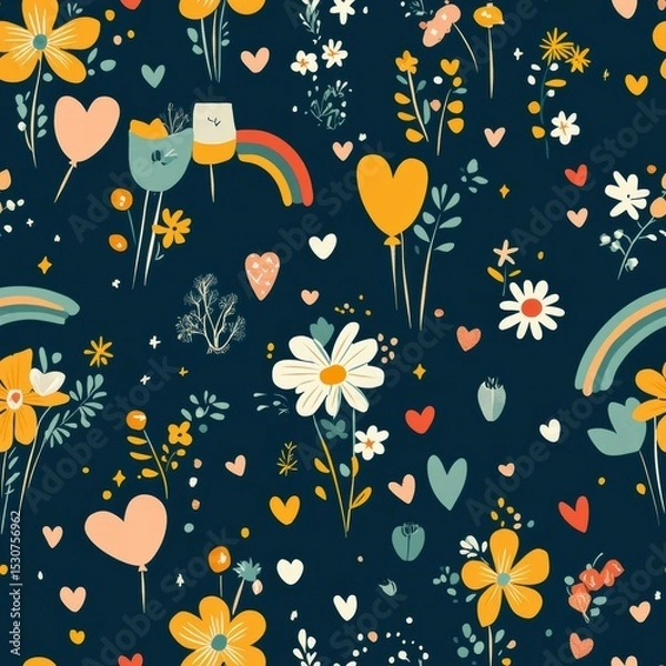 Fototapeta Tiny flowers holding tiny flags and balloons, with rainbows, hearts, and stars in a festive celebration-themed pattern