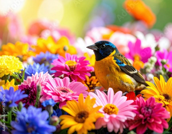 Fototapeta A vividly colored parrot perches gracefully among a dense arrangement of blooming flowers, creating a striking contrast between the vibrant feathers and the multicolored petals surrounding it.