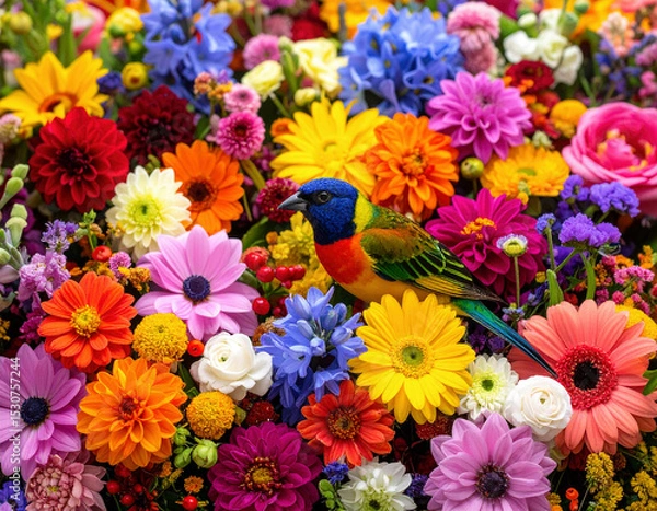 Fototapeta A vividly colored parrot perches gracefully among a dense arrangement of blooming flowers, creating a striking contrast between the vibrant feathers and the multicolored petals surrounding it.