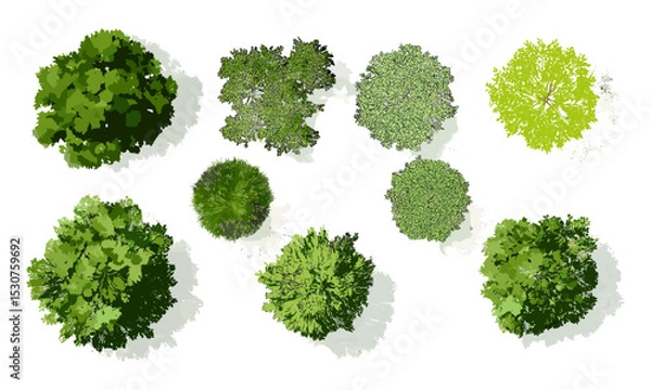 Obraz Vector illustration of top view green tree elements for garden map, spring blooming flowers, tropical plants, outdoor architecture plan, botanical shapes, landscaping design.