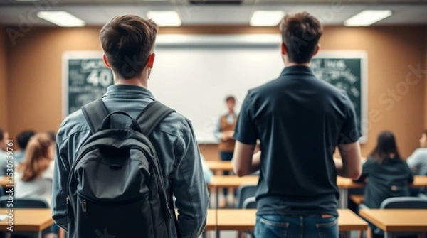 Fototapeta The student guy was late for class, entering the classroom during the response of another student on the right